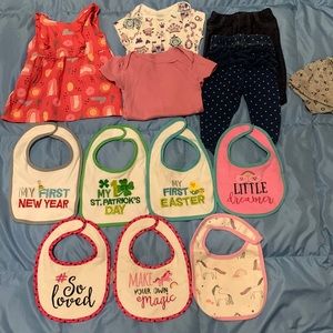 Baby girl sz 3-6 mos pants, onesies, & assortment of bibs. First Easter New year